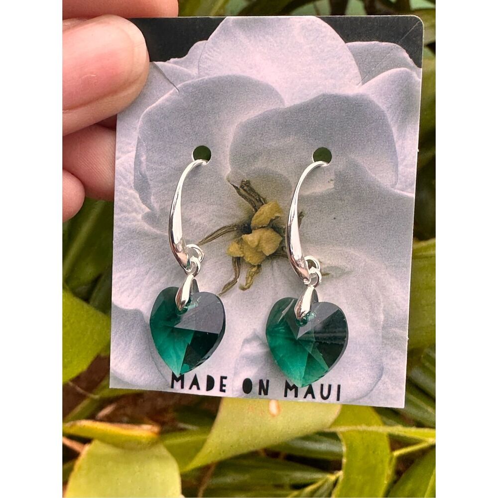 230A. Swarovski Moss Green Heart & Sterling Silver Earrings Made on Maui
